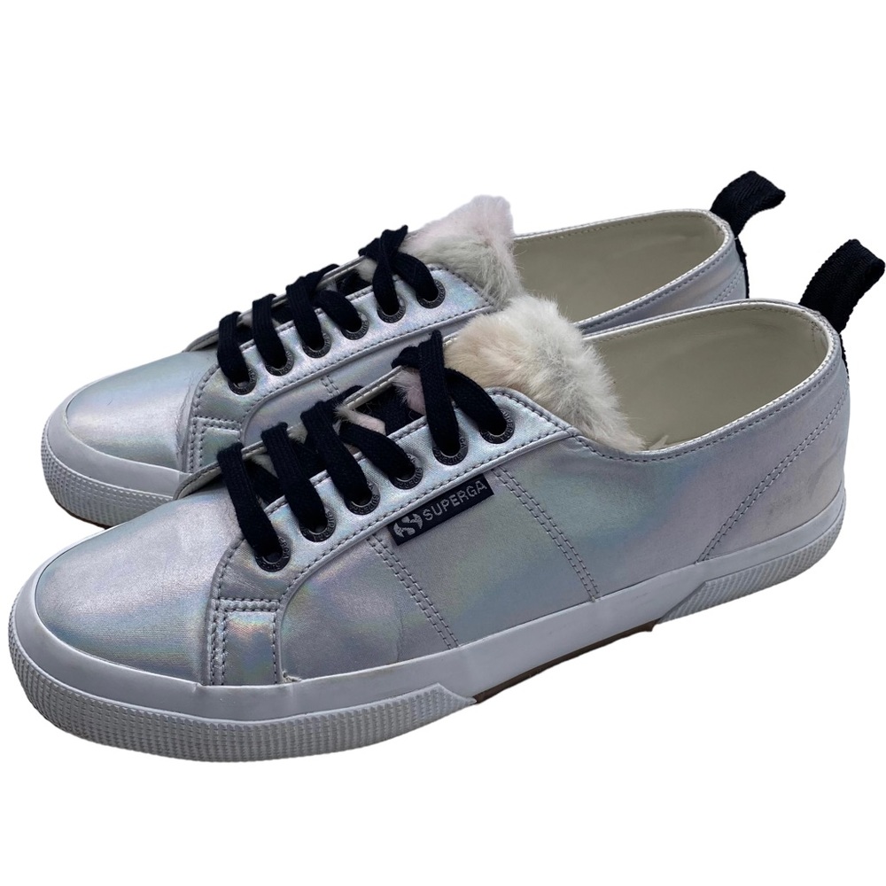Superga X Jocelyn Sneakers Sz 9.5 Iridescent Silver Fluffy Low Top Metallic